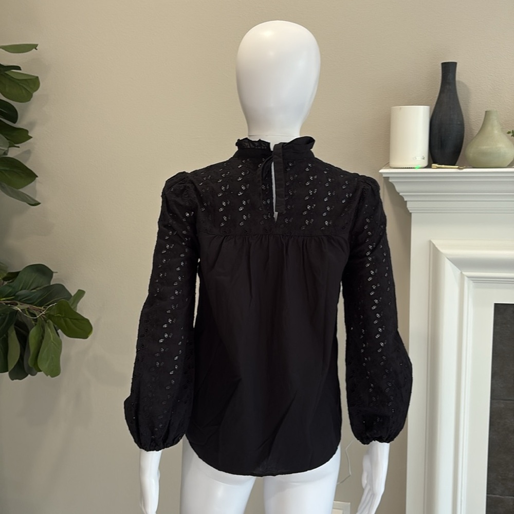 Madewell Black Eyelet Peasant Blouse Sz XXS Ruffle Tie Neck Balloon Long Sleeve - Picture 8 of 12